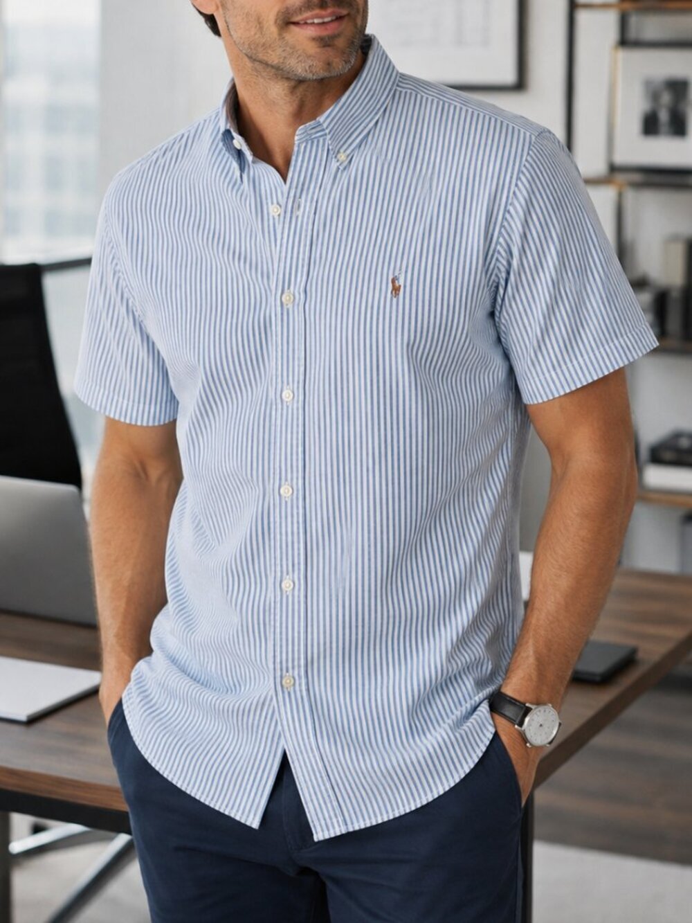 Polo Ralph Lauren Men’s 2XL Blue White Striped Seersucker Short Sleeve Shirt